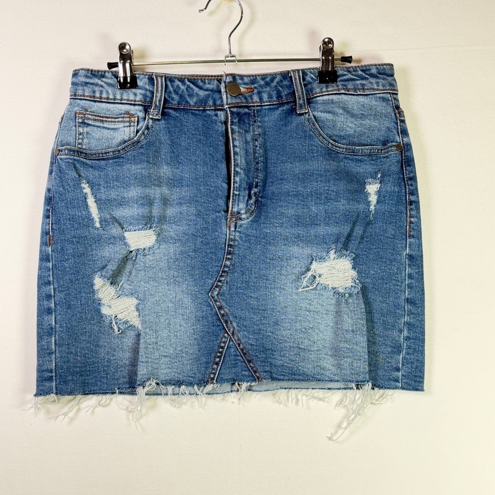 C'EST TOI Black Label Blue Distressed Raw Hem Denim Mini Skirt Size L